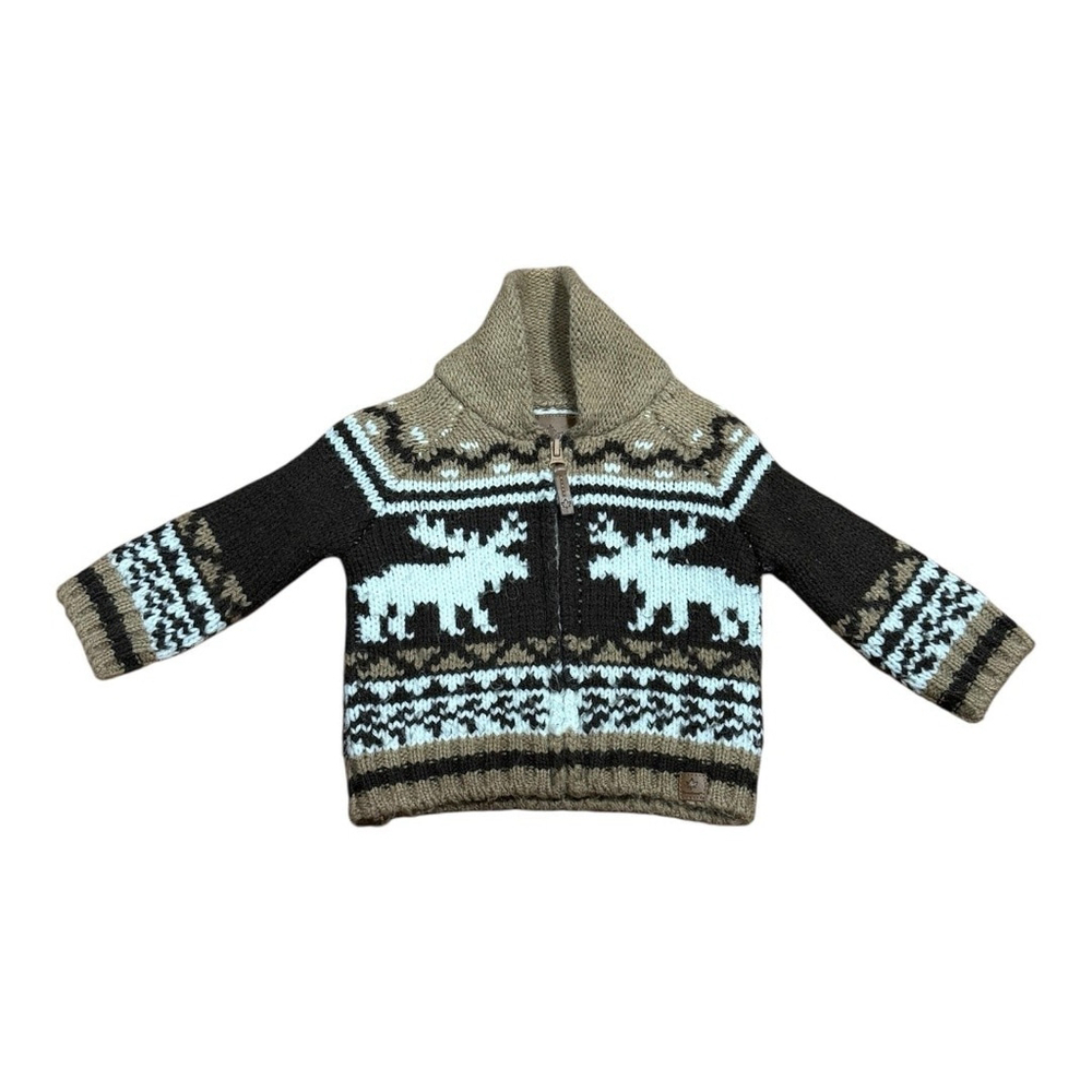Canadiana Baby Sweater 3-6M Moose Fair Isle Zip Cardigan Blue Brown Knit Winter